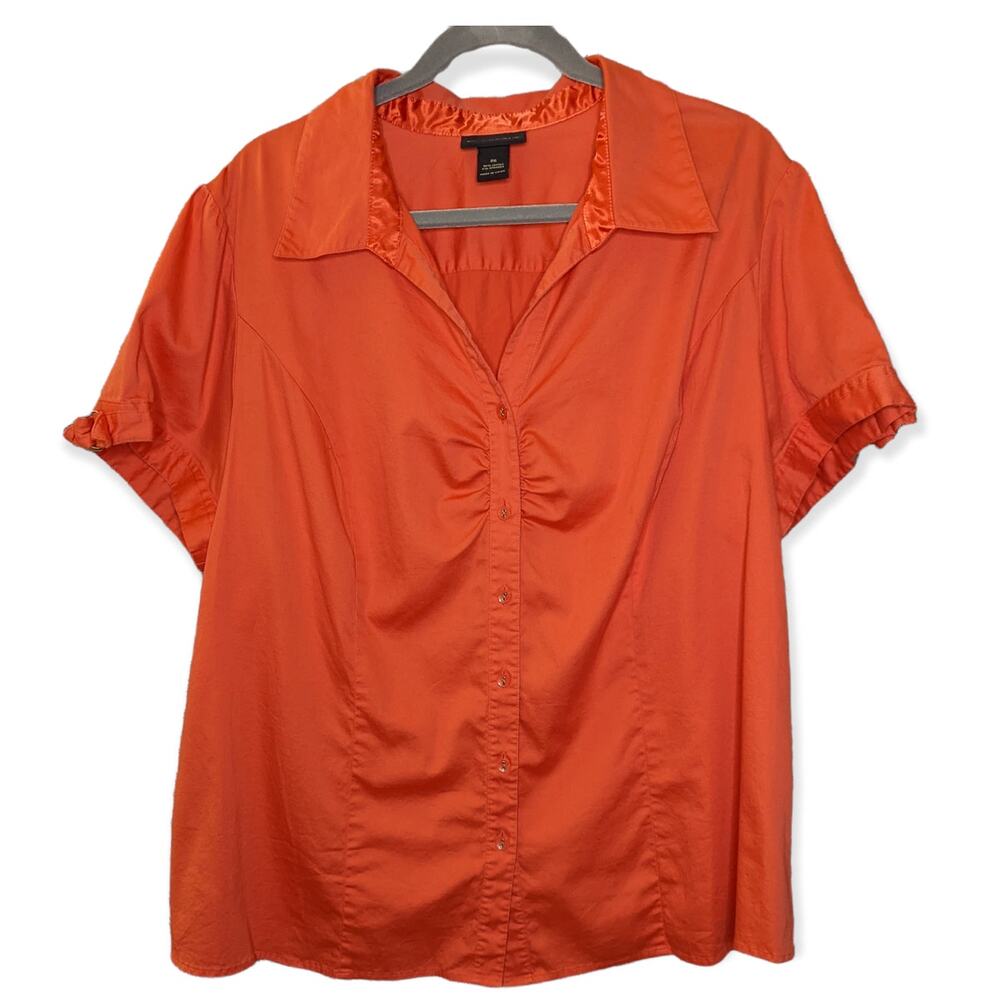Lane Bryant Orange Collar V Neck Shirred Button Down Buckle Sleeve Blouse Top 26